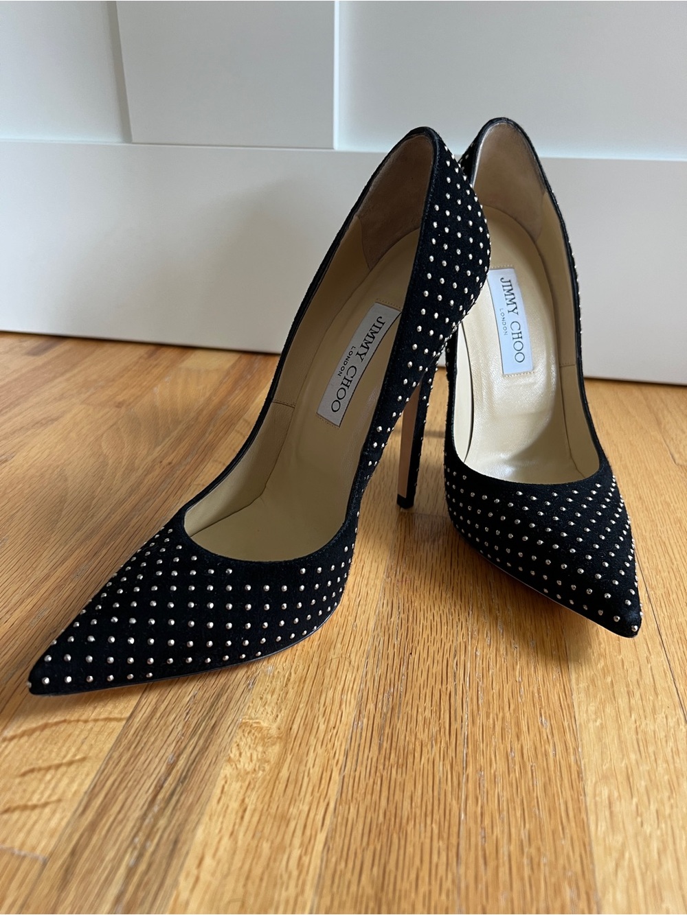 Jimmy Choo Black Suede Gold Studded Stiletto Pumps, 39/8.5 - Picture 2 of 7